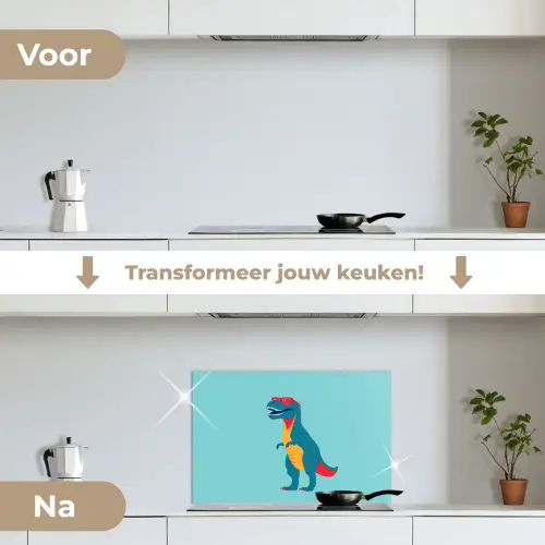 Dinosaurus - Blauw - Zonnebril keuken achterwand spatscherm klein -voor_na_NL