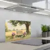 Houten bankje - Bloempotten - Landschap keuken achterwand spatscherm klein -3d_schuin