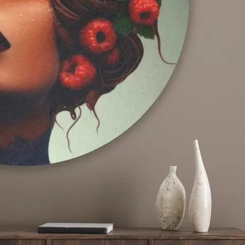 Vrouw - Chocolade - Frambozen - Aardbeien - Koekjes Akoestische PET Vilt - Rond klein -sfeer5_closeup