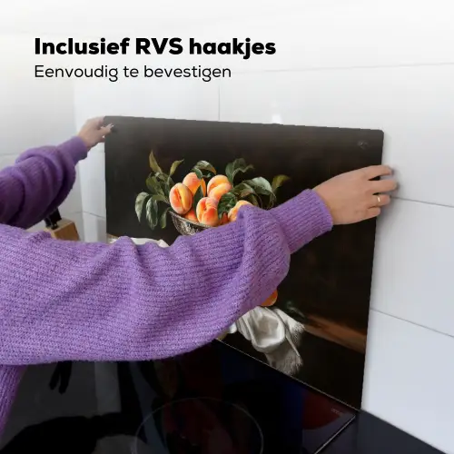 Stilleven - Perziken - Vintage Inductie beschemer met haakjes klein -ky-ophangen-nl