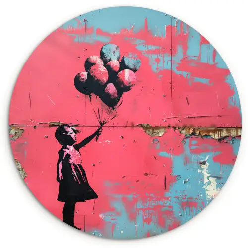 Graffiti - Meisje - Ballon - Banksy - Street art Wandcirkel kunststof plaat 5mm dik klein -3d