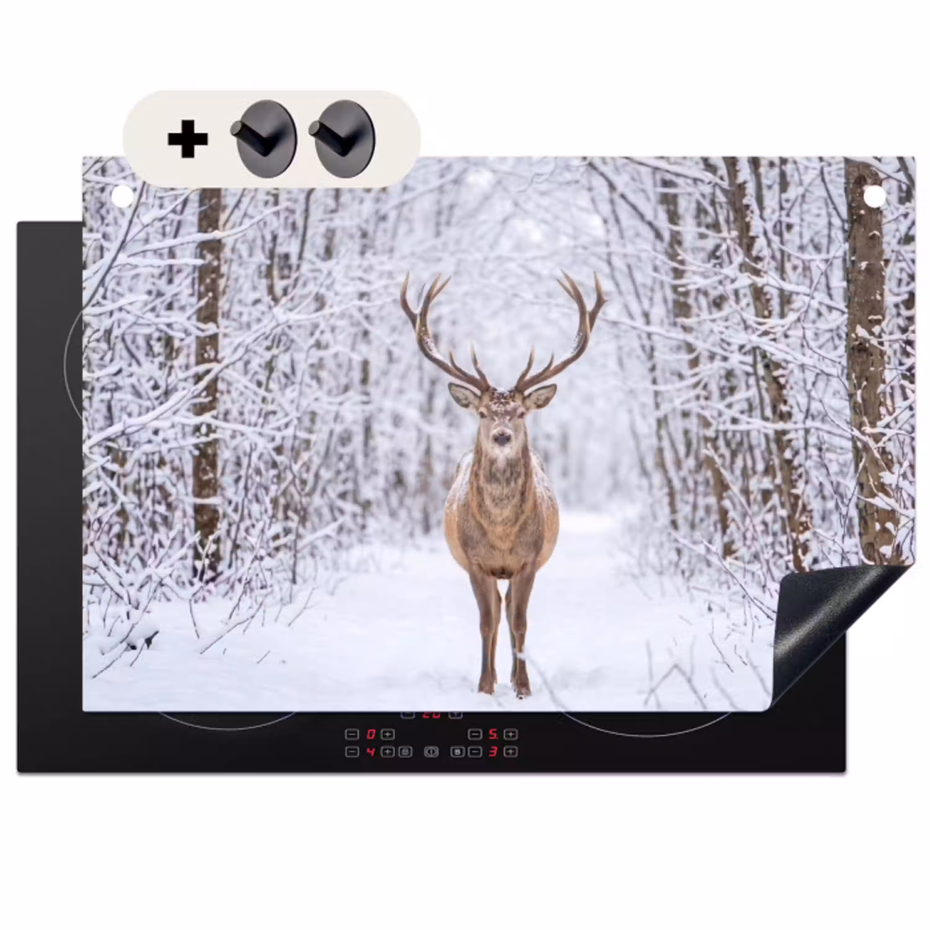 Hert - Winter - Bos - Natuur - Wit Inductie beschemer met haakjes klein -3d