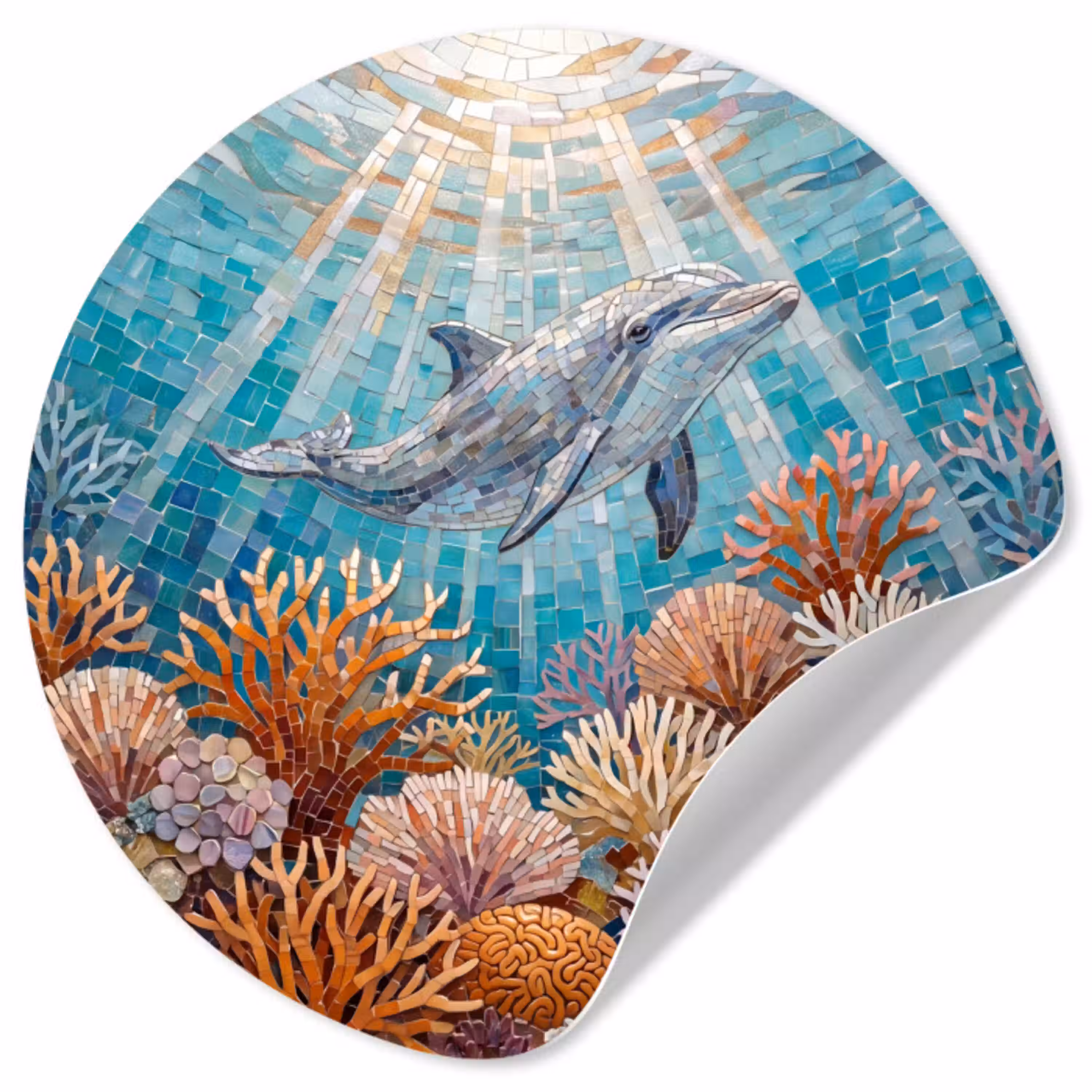 Dieren - Mozaïek - Oceaan - Koraal - Blauw Wandcirkel behangsticker klein -3d