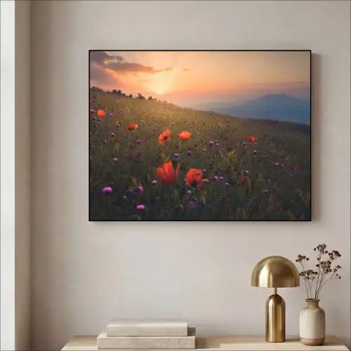 Bloemenveld - Gras - Bloemen - Planten - Zonsondergang - Oranje Textielframe zwart klein -sfeer2