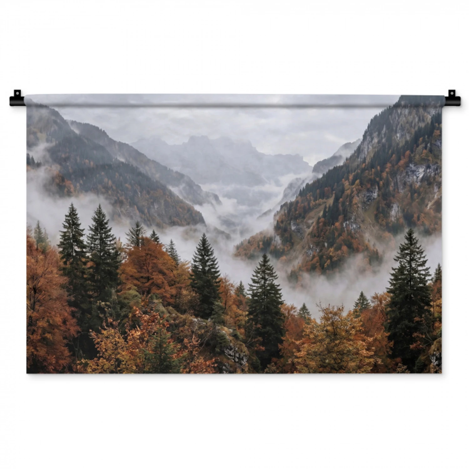 Bergen - Vallei - Mist - Herfst - Natuur Wandkleed katoen middel -zz3d