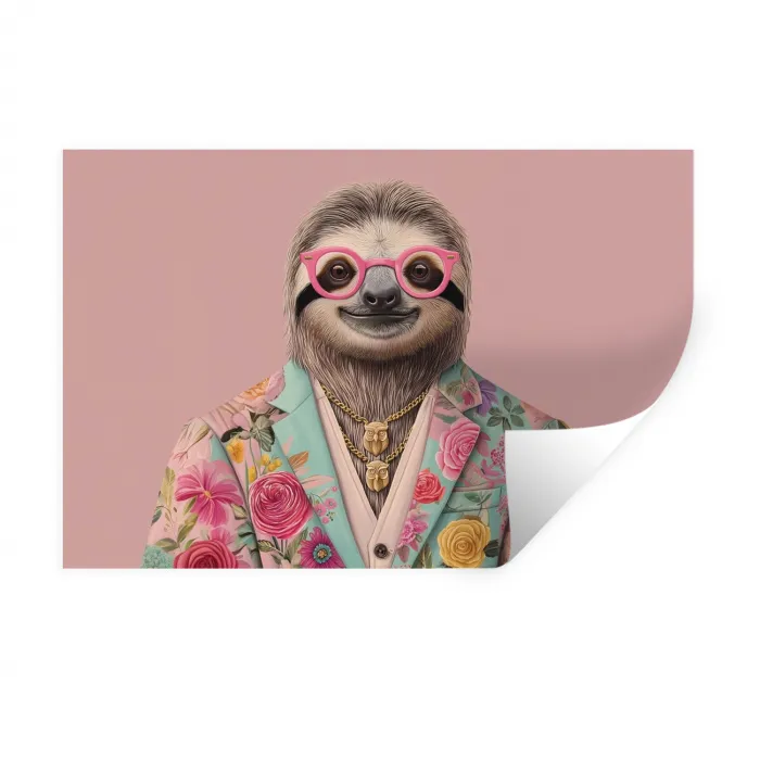 Luiaard - Bloemenprint - Bril - Roze Muursticker klein -3d