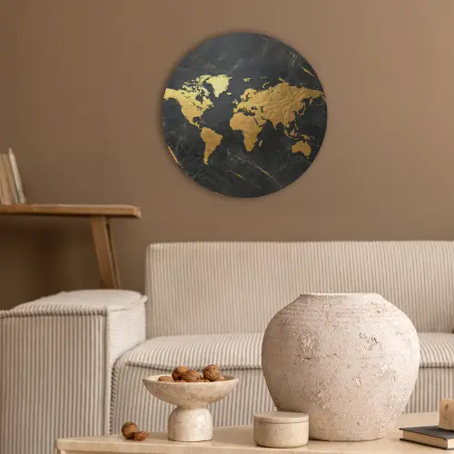 Wereldkaart - Goud - Marmer Akoestische PET Vilt - Rond klein -sfeer1