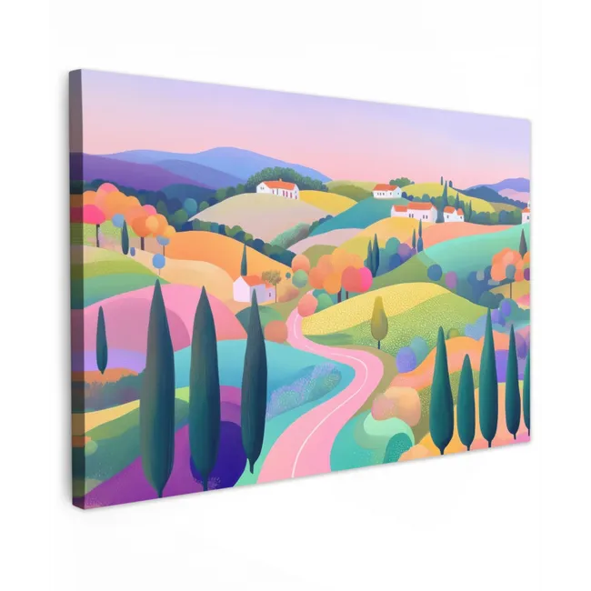 Outdoor Leinwand - Landschaft - Lila - Pastell - Häuser