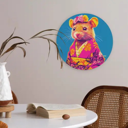 Muis - Kimono - Bloemen - Blauw Akoestische PET Vilt - Rond klein -sfeer3