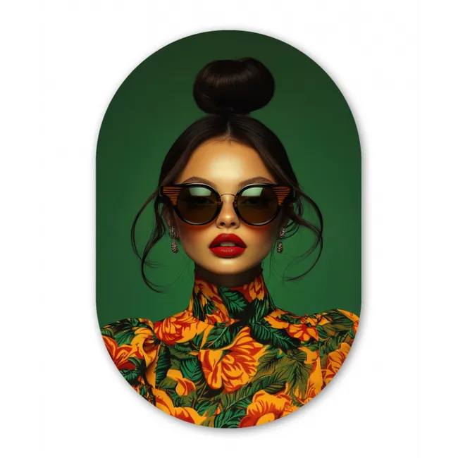 Vrouw - Groen - Modern - Bril - Abstract Wandcirkel Ovaal Glas middel -3d