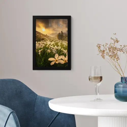 Bloemenveld - Heuvels - Zonsondergang - Berg - Natuur - Wit - Heuvels fotolijst zwart zonder passe partout klein -sfeer4
