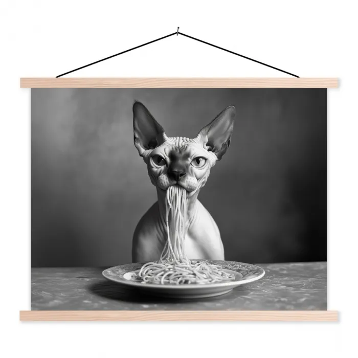 Sphynx - Kat - Dieren - Humor - Spaghetti - Zwart Wit textielposter latten blank klein -3d