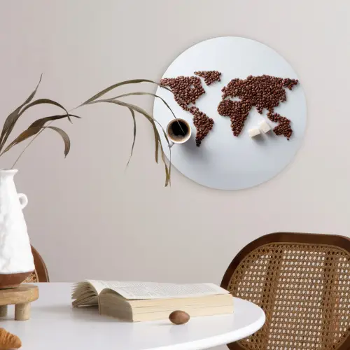 Wereldkaart - Koffiebonen - Suikerklontjes Wandcirkel plexiglas klein -sfeer4