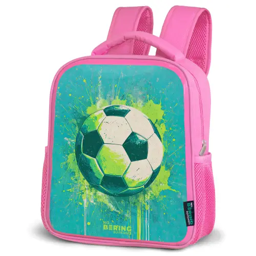 Voetbal - Verfspatten - Groen - Blauw Kinderrugzak - Roze middel -schuin