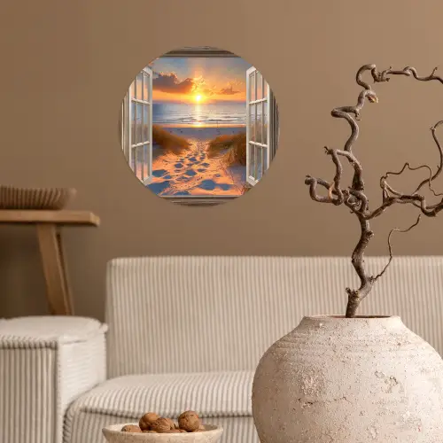 Doorkijk - Strand - Duinen - Zonsondergang Wandcirkel behangsticker klein -sfeer1