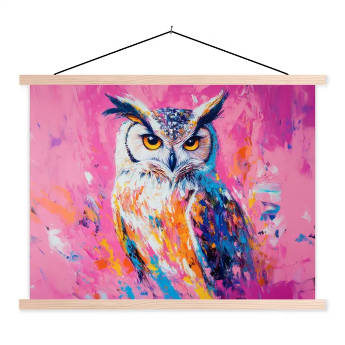 Uil - Roze - Blauw - Verf - Abstract textielposter latten blank klein -3d