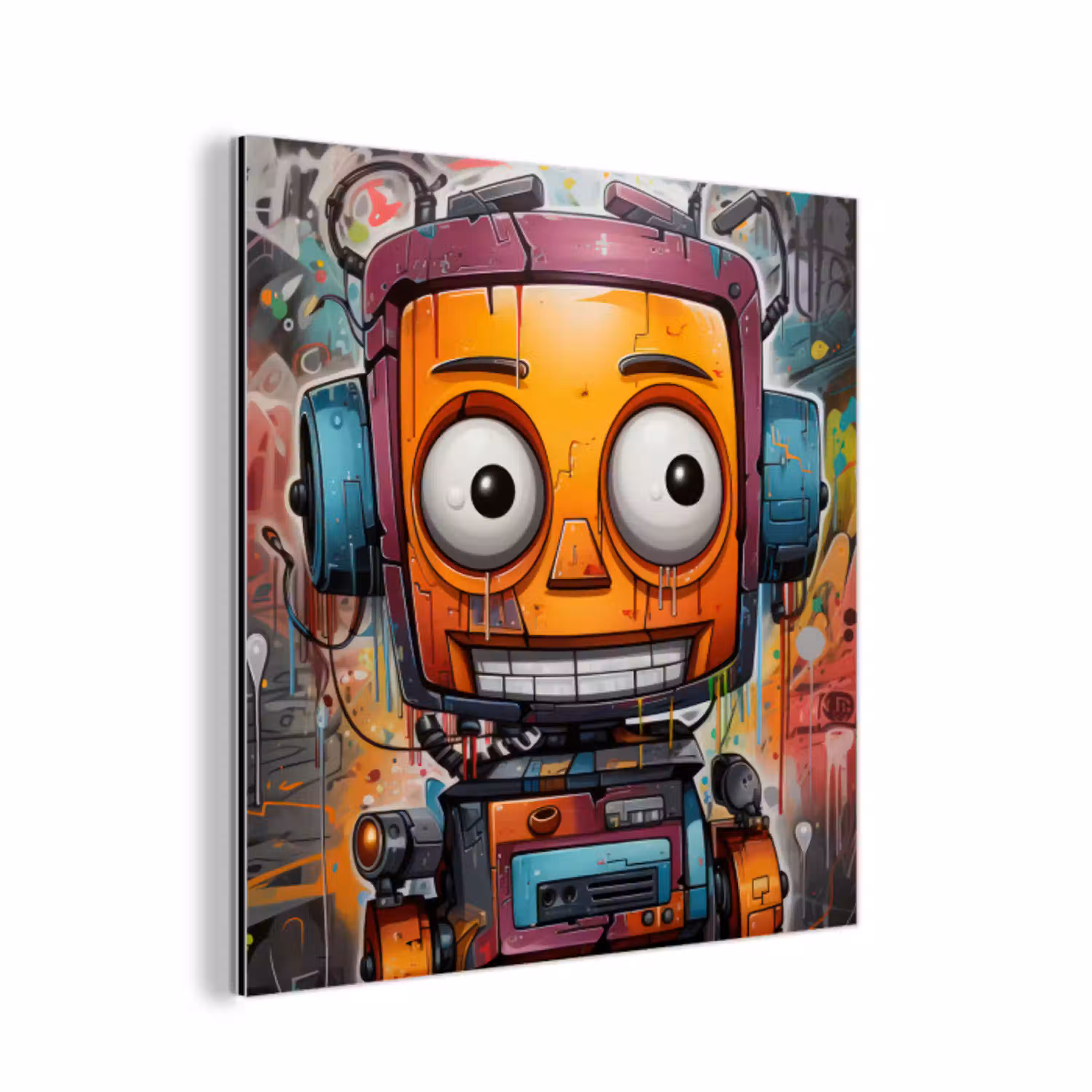 Robot - Graffiti - Oranje - Kleuren aluminium wit klein -3d