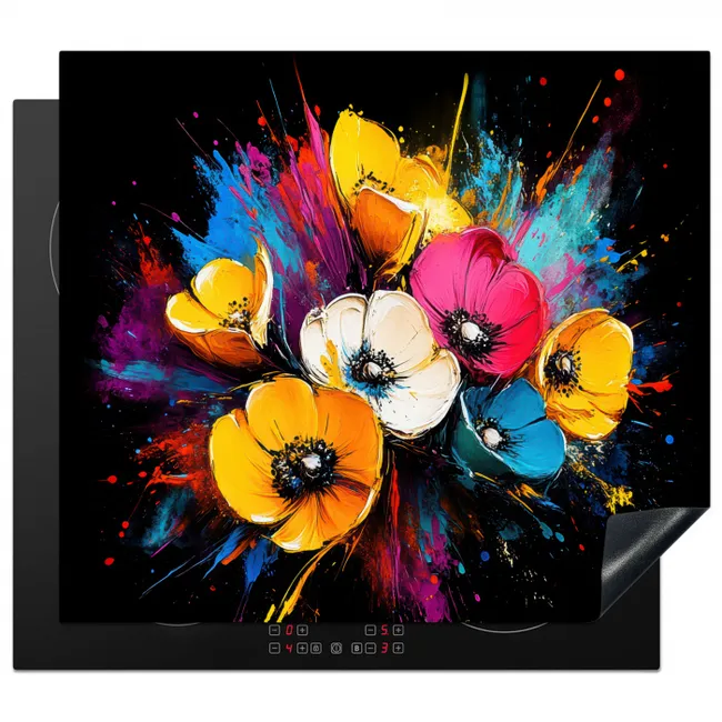 Bloemen - Kleurrijk - Graffiti - Modern - Boeket Inductie beschermer vinyl 3mm middel -3d