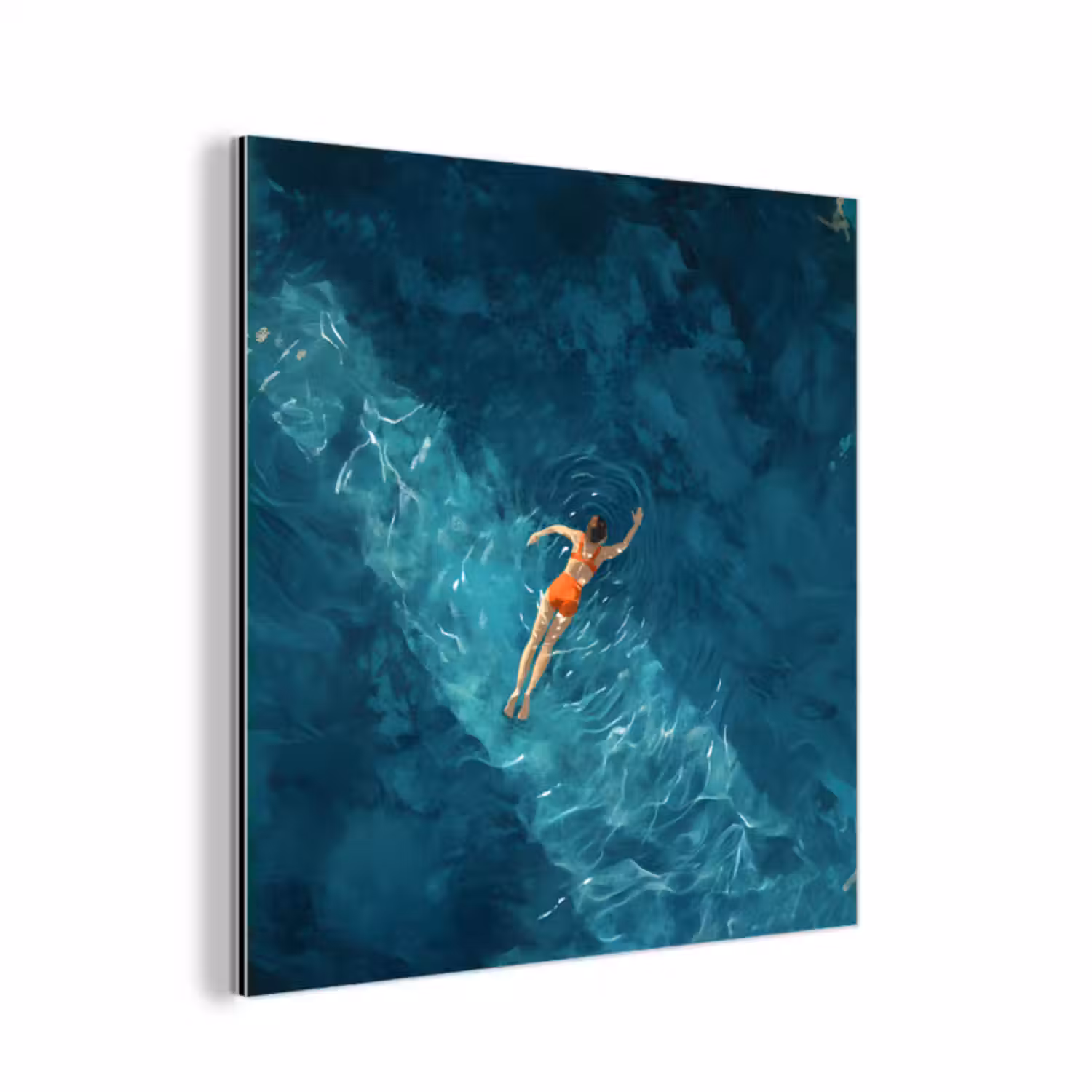 Aluminium schilderij - Vrouw - Water - Bikini - Oranje