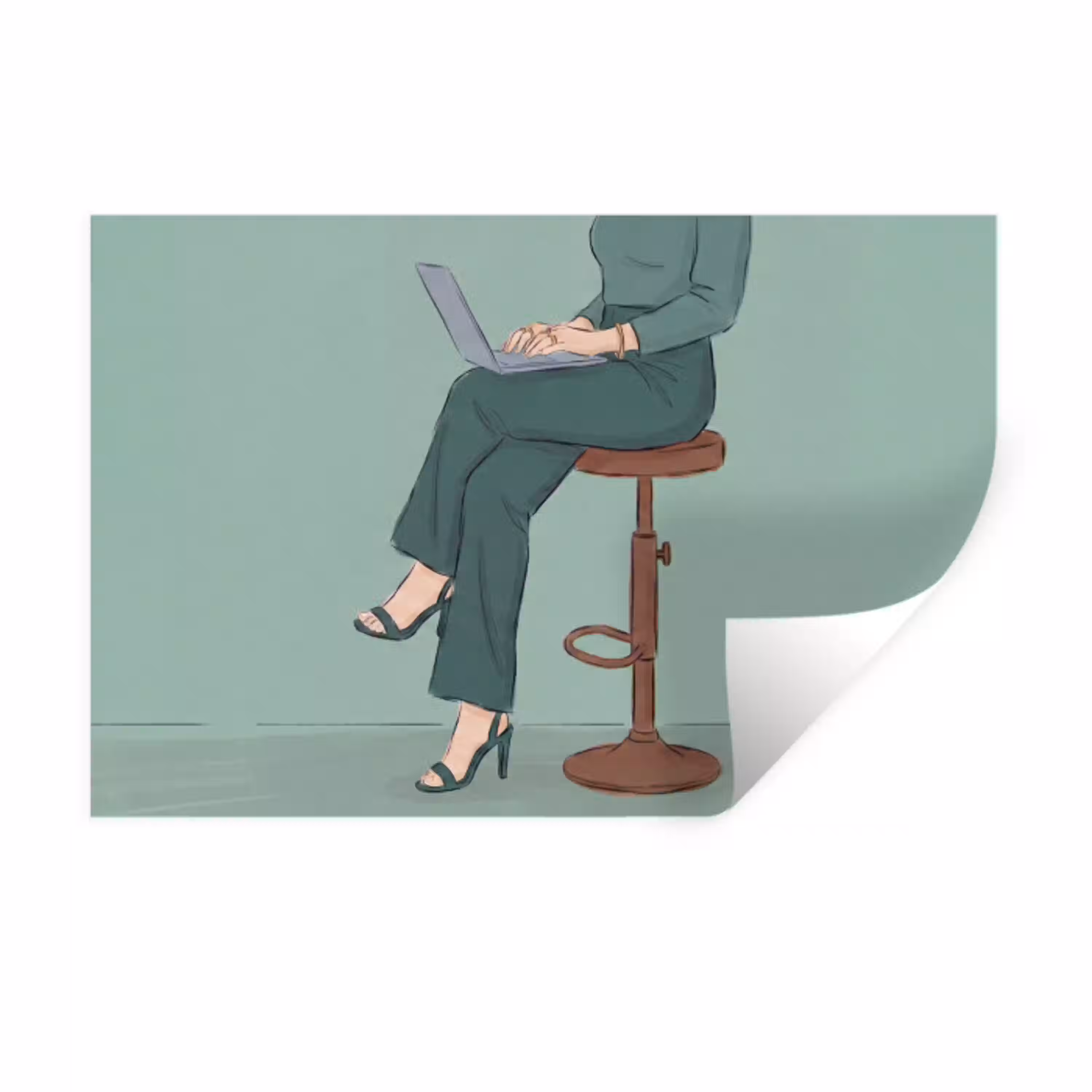 Vrouw - Laptop - Zittend - Illustratie - Groen Muursticker klein -3d