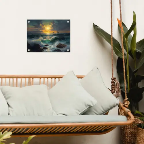 Zee - Zon - Golven - Rotsen tuinposter los doek klein -sfeer7