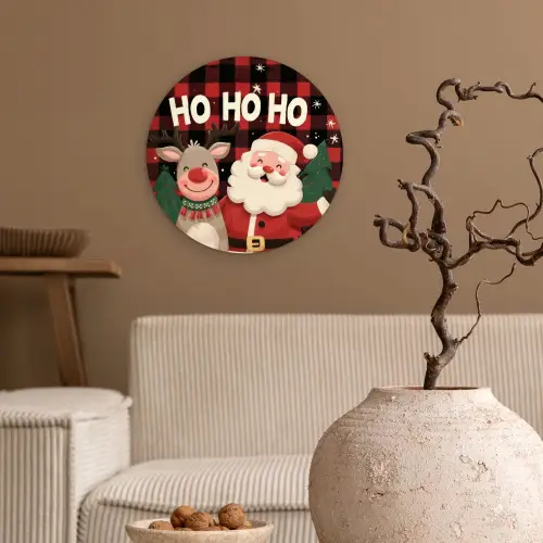 Kerstman - Rendier - Tekst - Rood - Zwart Wandcirkel kunststof plaat 5mm dik klein -sfeer1