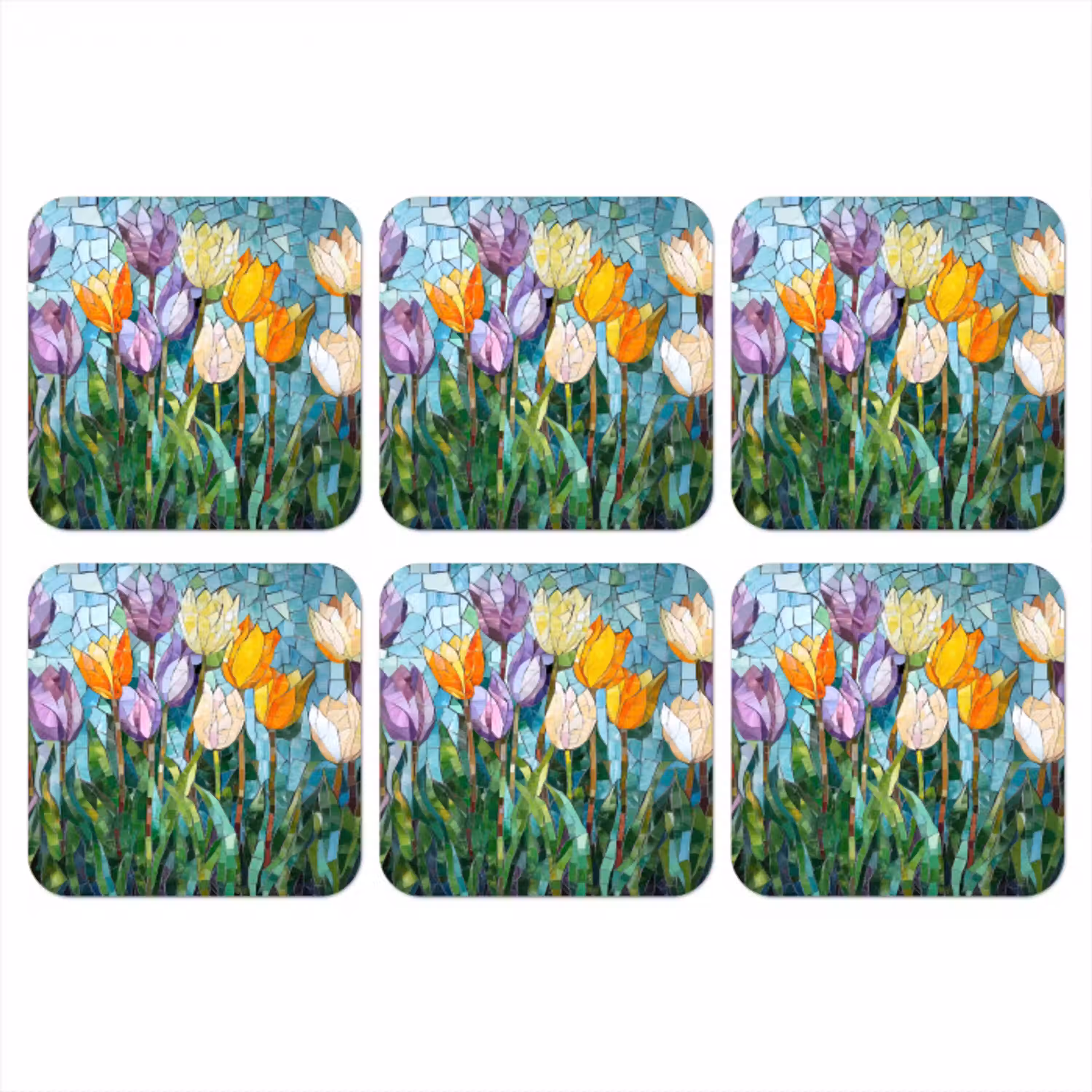 Mozaïek - Veld - Tulpen - Kleurrijk onderzetter kurk middel -3d