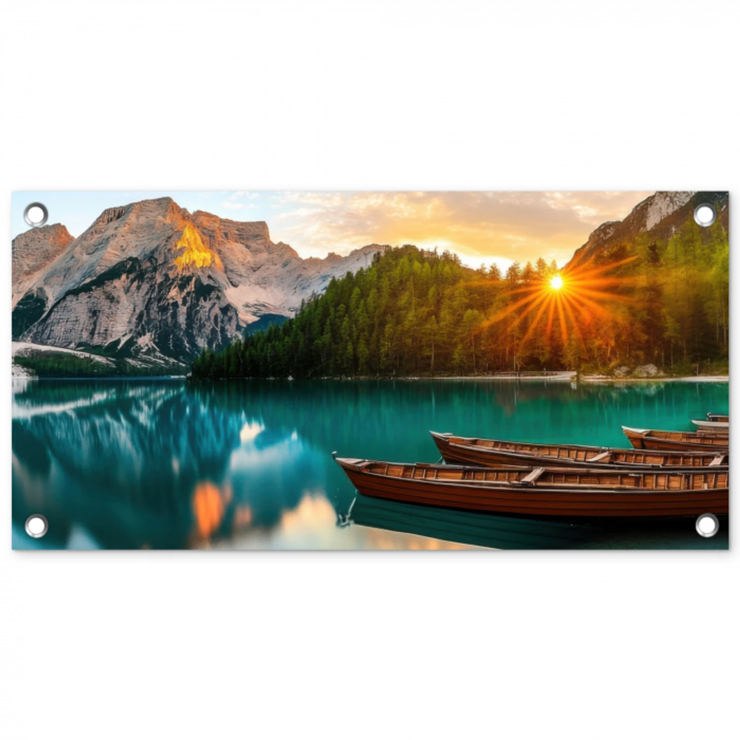 Meer - Bergen - Zonsondergang - Boot tuinposter los doek klein -3d