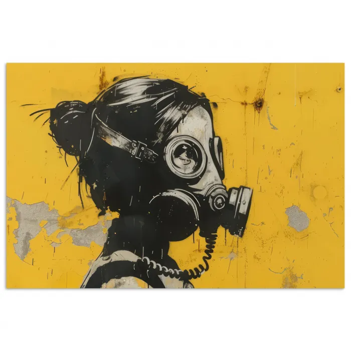 Vintage - Street art - Meisje - Masker - Geel - Banksy poster papier klein -3d
