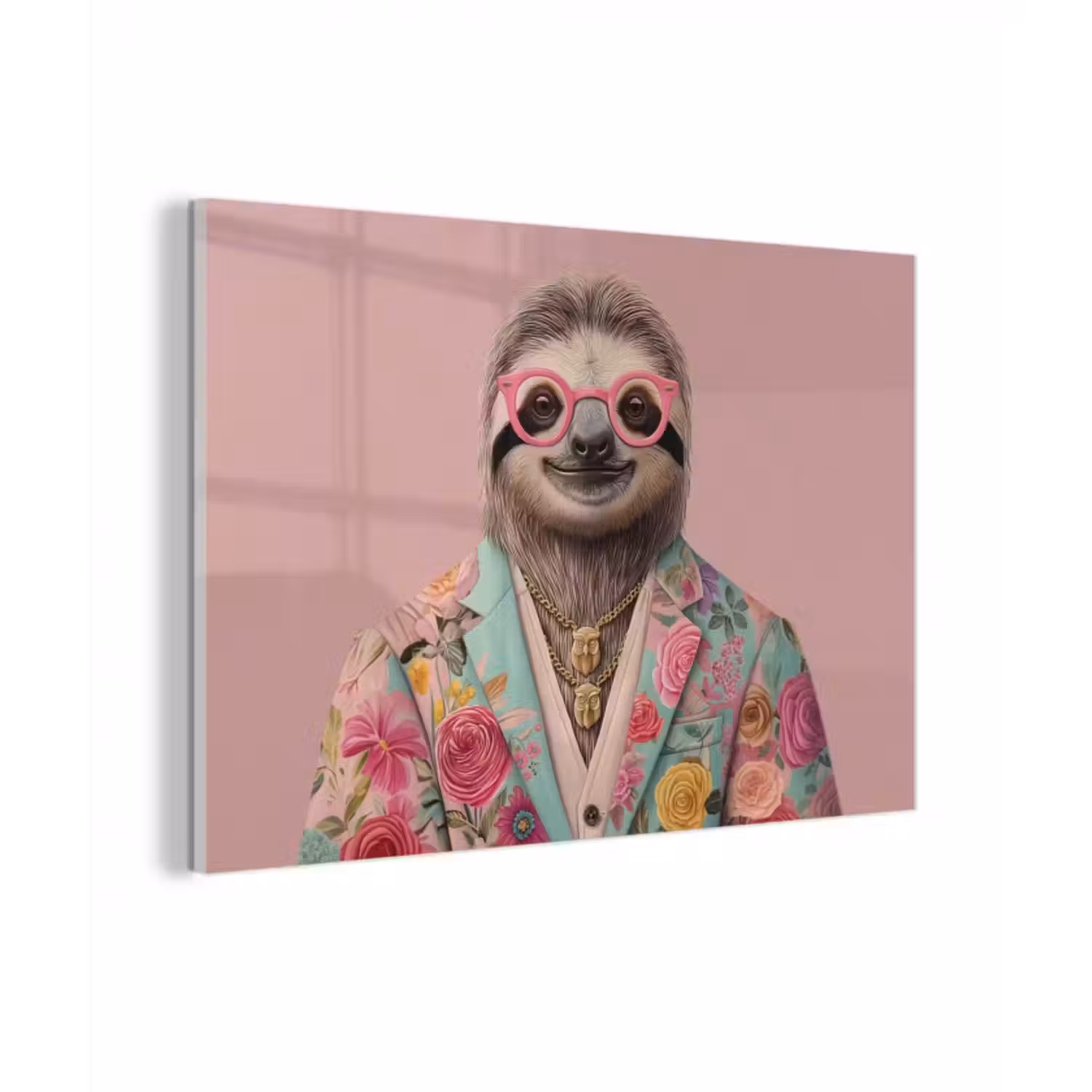 Glas schilderij - Luiaard - Bloemenprint - Bril - Roze