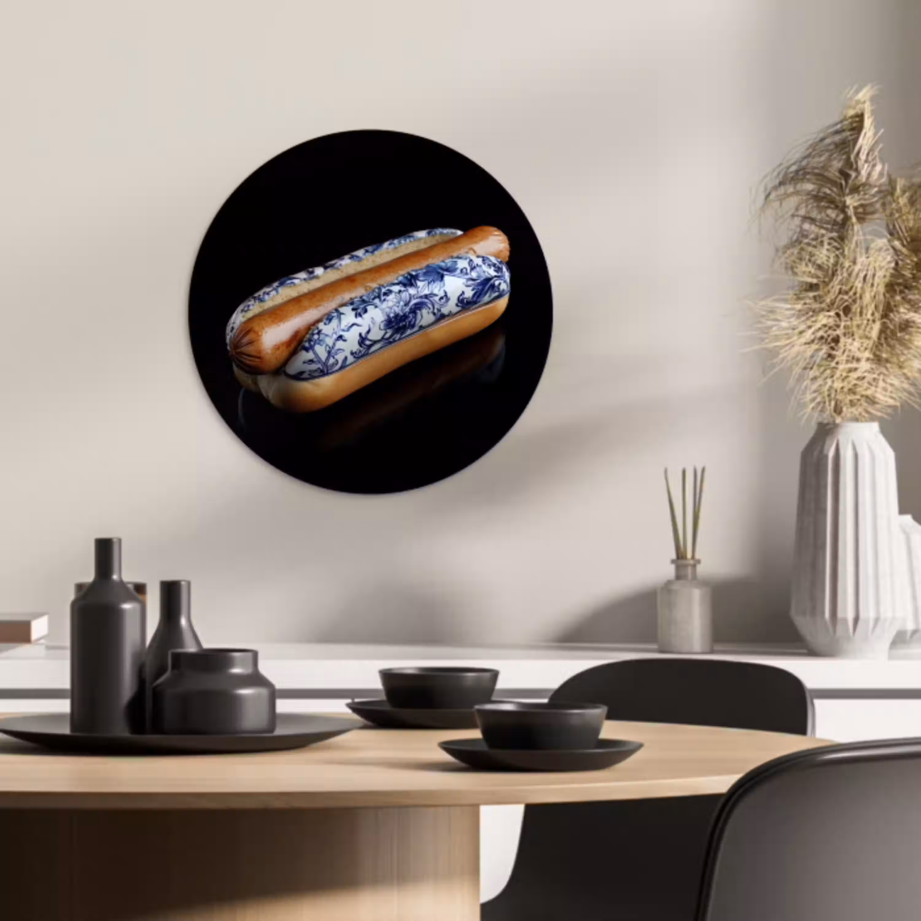 Hotdog - Porselein - Delfts blauw - Eten KitchenYeah - Keuken - Wandcirkel Forex klein -sfeer2
