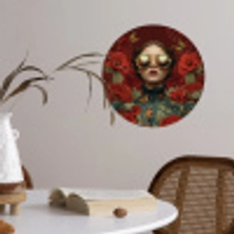 Bloemen - Dieprood - Zonnebril - Vrouw Wandcirkel behangsticker klein -sfeer3