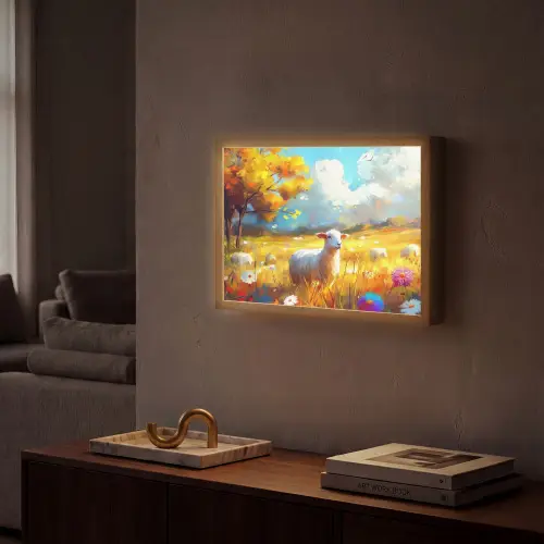 Schaap - Weide - Bloemen Light Box met batterij (Wandlamp) middel -sfeer1