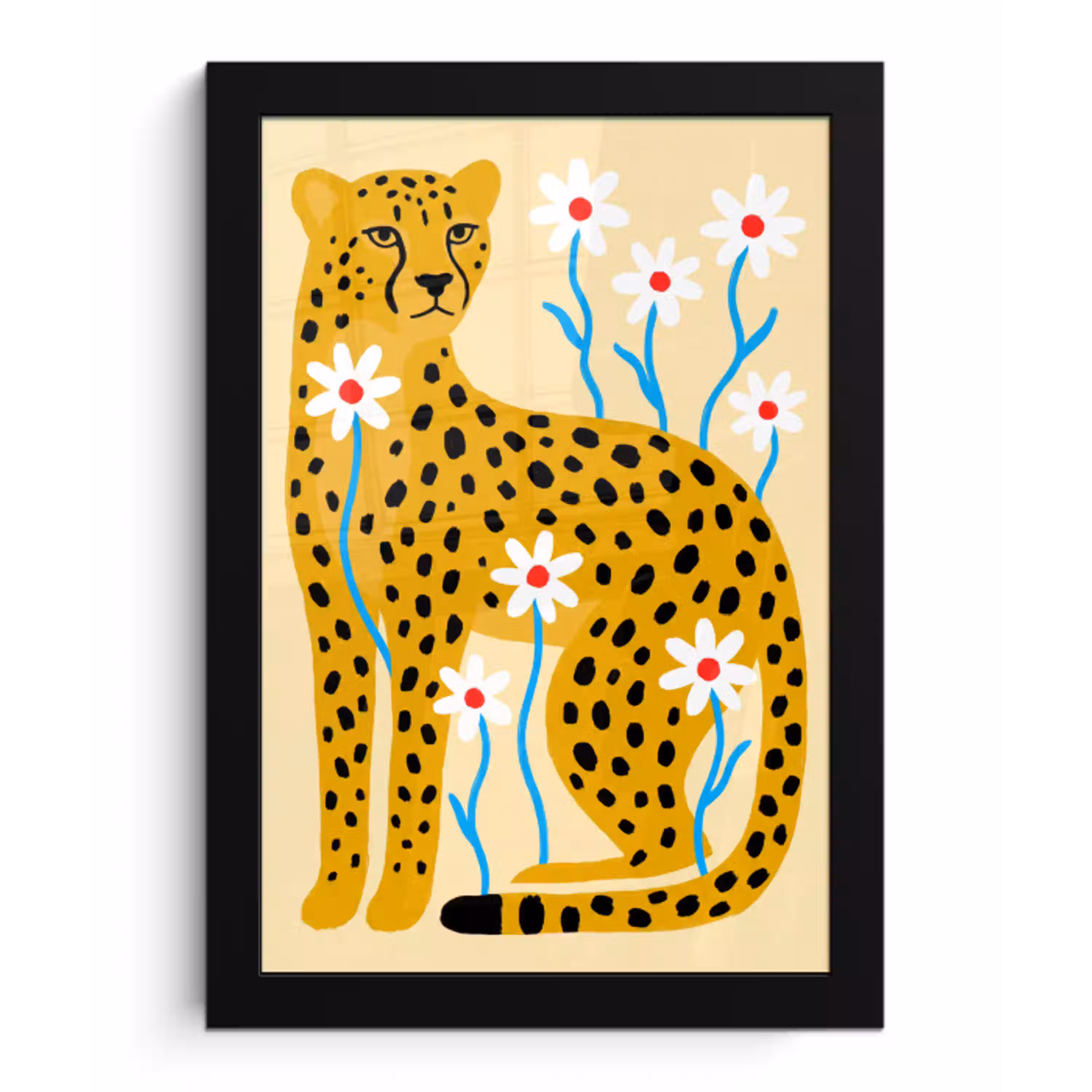 Dieren - Jachtluipaard - Bloemen - Modern - Geel fotolijst zwart zonder passe partout klein -3d