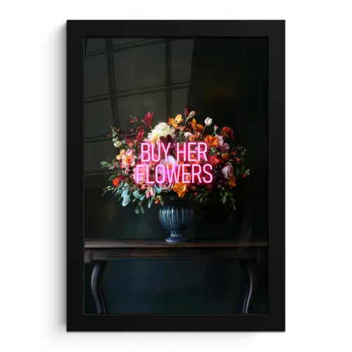 Quote - Bloemen - Vaas - Neon fotolijst zwart zonder passe partout klein -3d