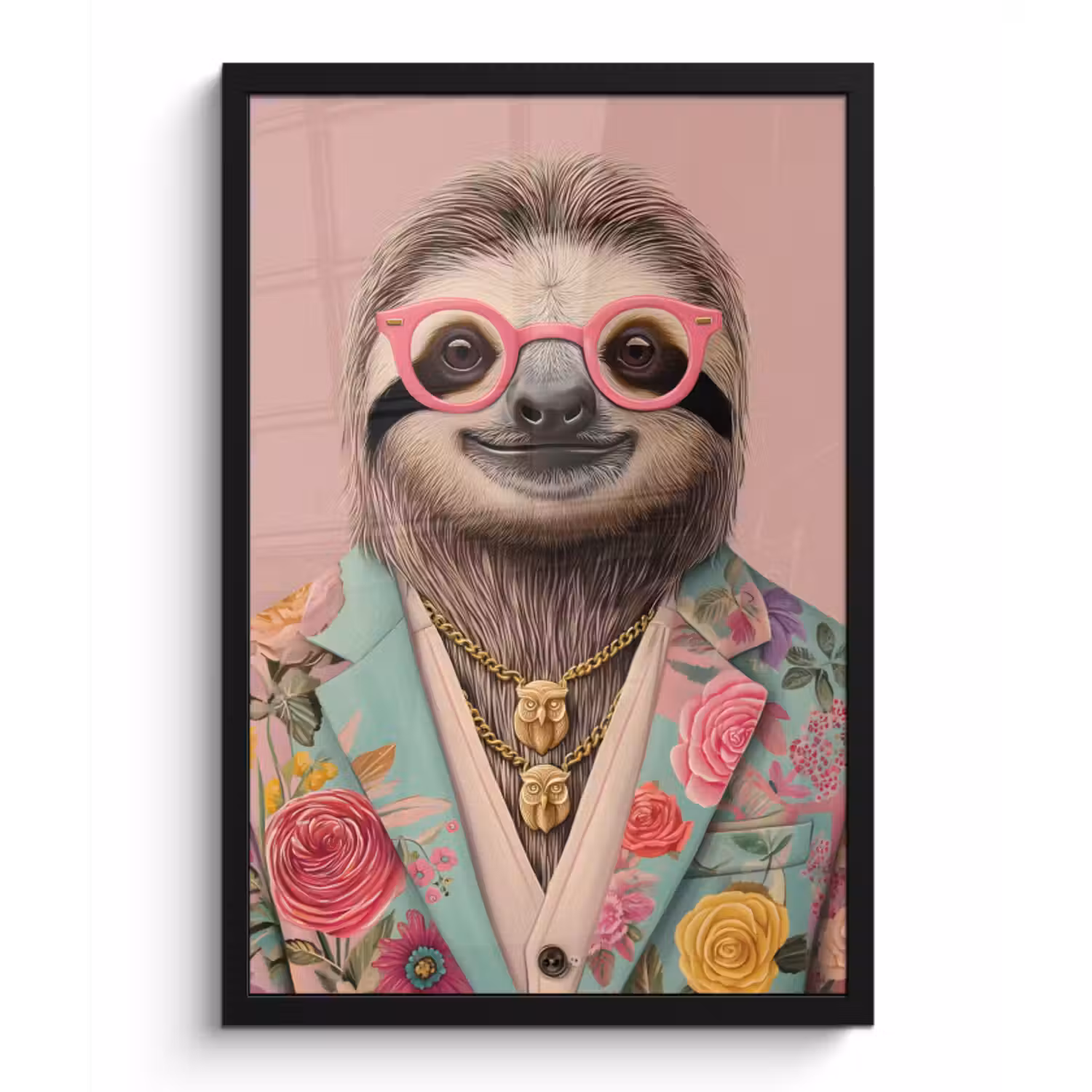 Poster met lijst - Luiaard - Bloemenprint - Bril - Roze