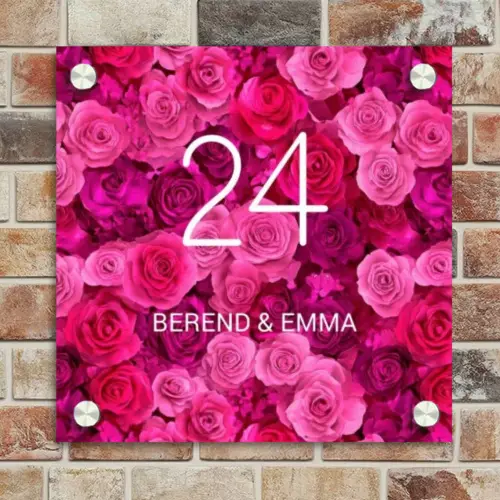 Roze rozen - Klassiek Naambord Vierkant klein -sfeer2