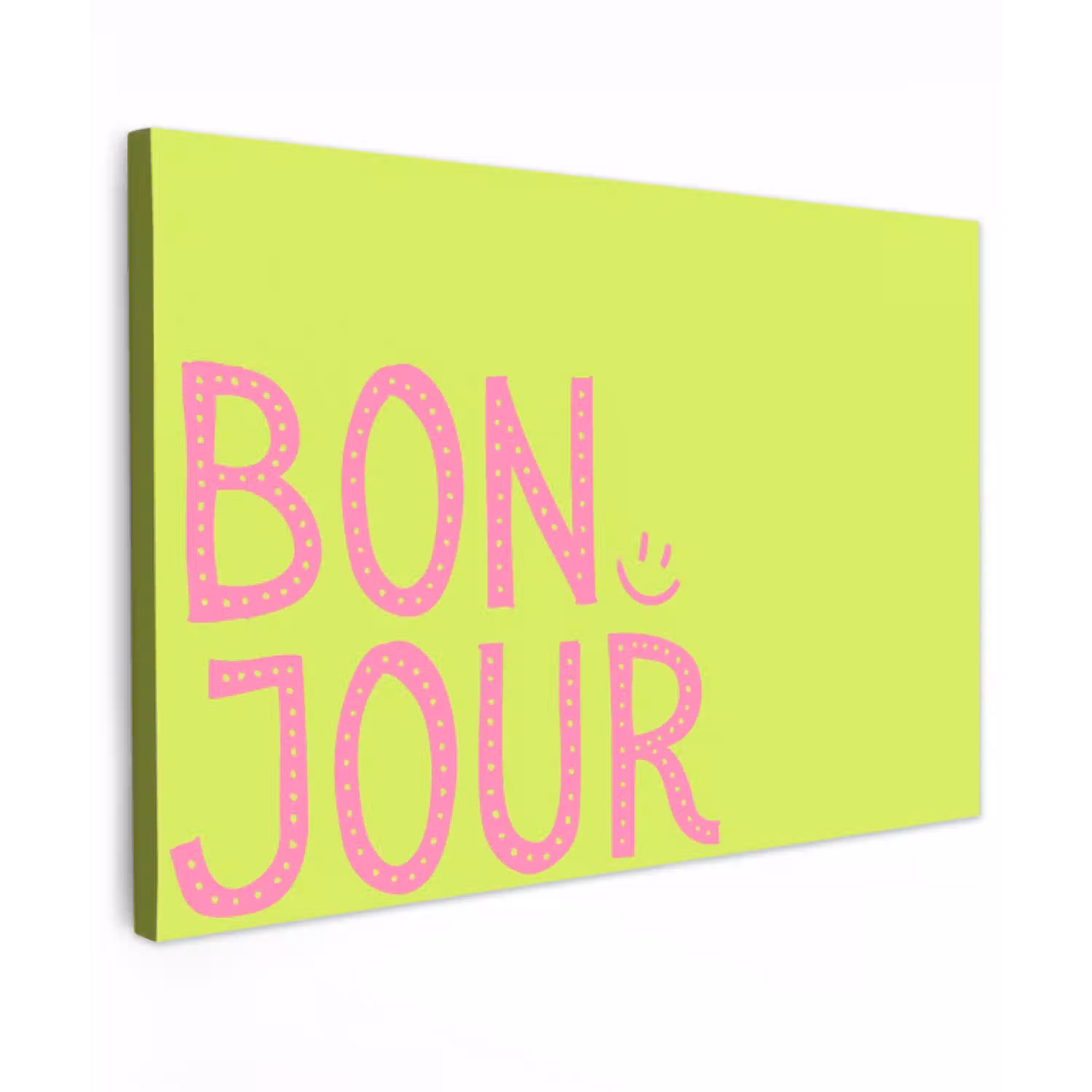 Groen - Smiley - Bonjour - Roze Tuinposter op houten frame 2 cm dik klein -3d