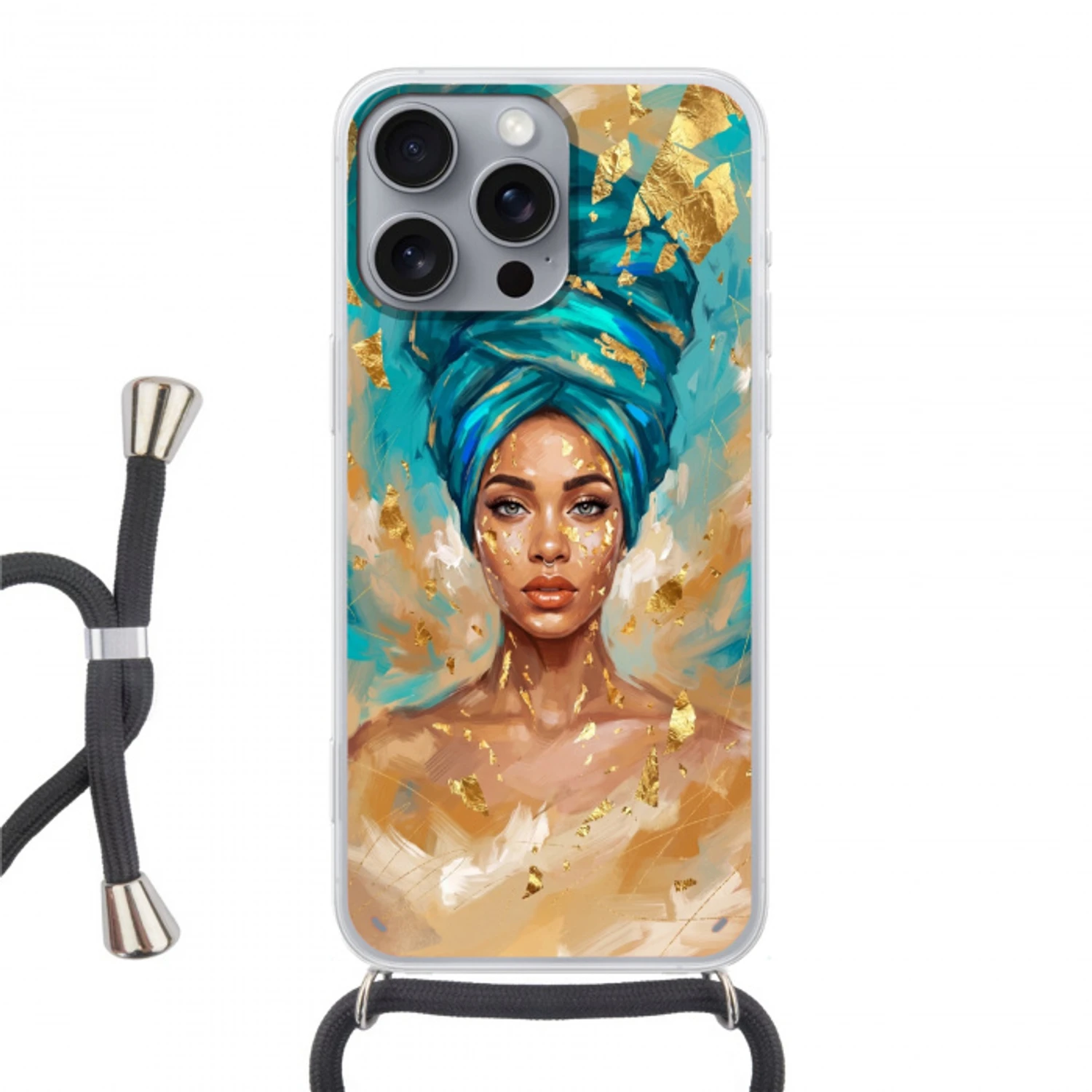 Portret - Vrouw - Schilderij - Blauw - Goud - Expressief Hoesje iPhone 16 Pro Max met koord klein -3d