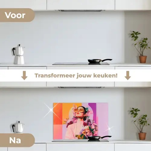 Portret - Vrouw - Abstract - Bloemen keuken achterwand spatscherm klein -voor_na_NL
