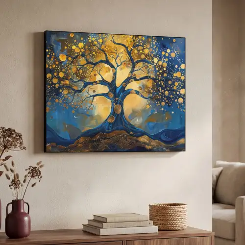 Boom - Levensboom - Blauw - Goud Textielframe zwart klein -sfeer3