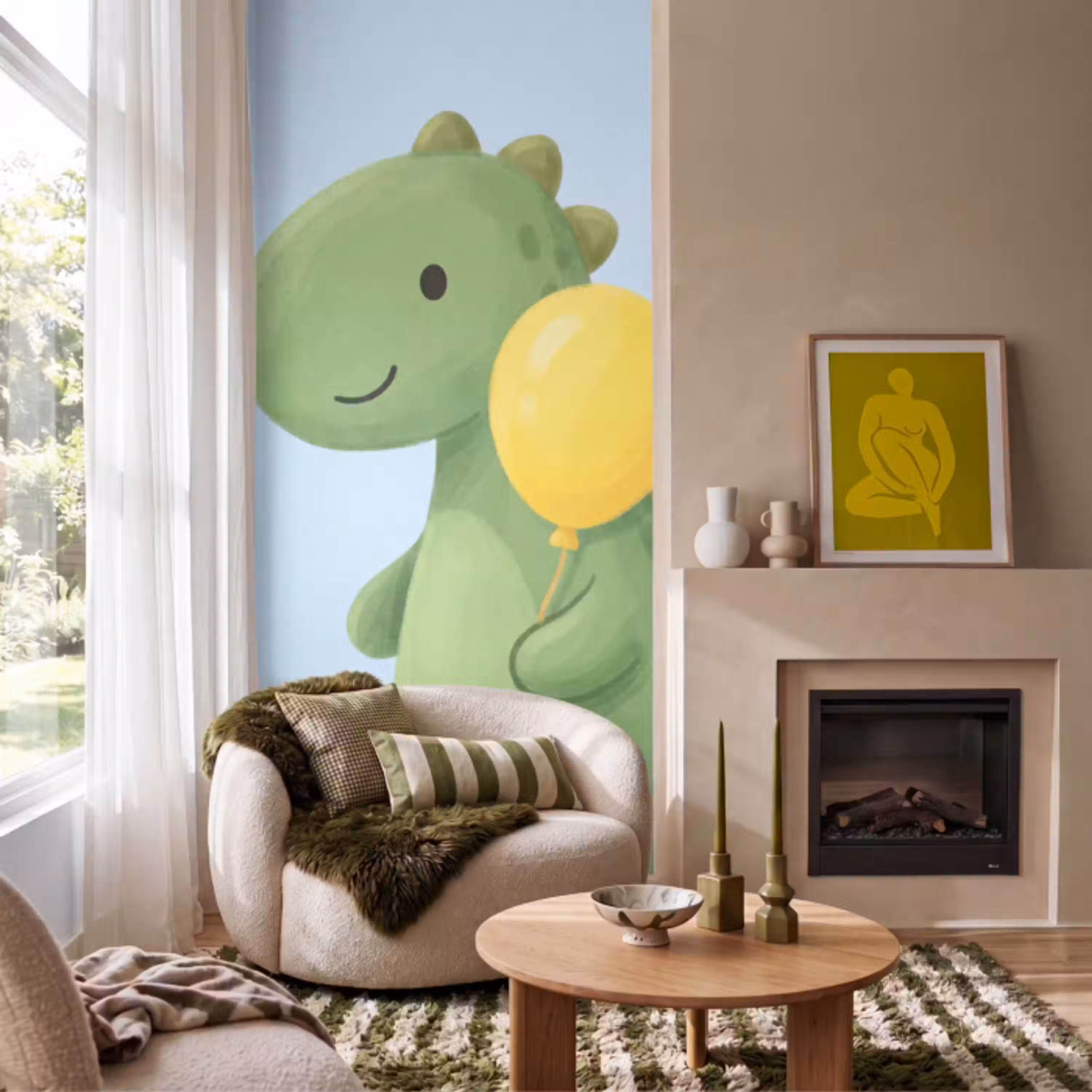 Dinosaurus - Ballon - Kinderkamer - Illustratie - Groen Behang Vlies klein -sfeer2