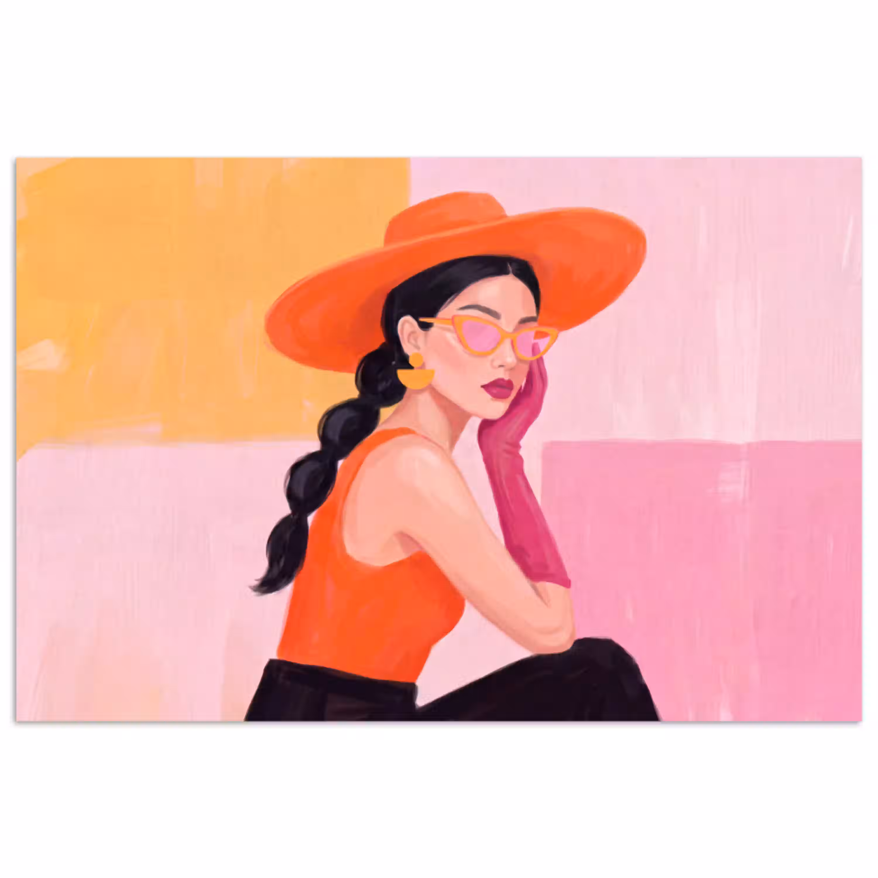 Vrouw - Hoed - Mode - Modern - Oranje poster papier klein -3d