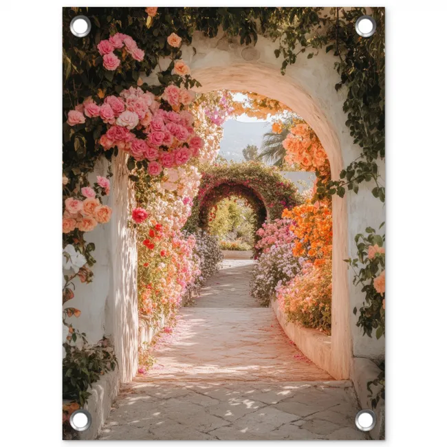 Doorkijk - Boog - Bloemen - Pastel tuinposter los doek klein -3d