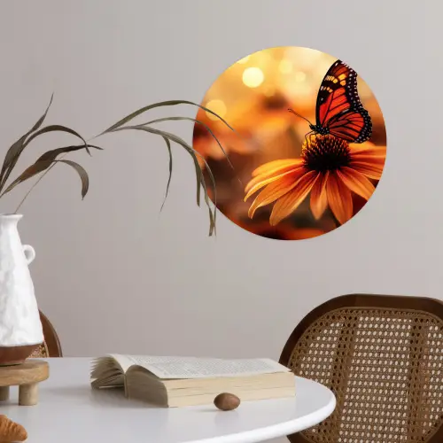 Vlinder - Bloemen - Oranje Wandcirkel behangsticker klein -sfeer3