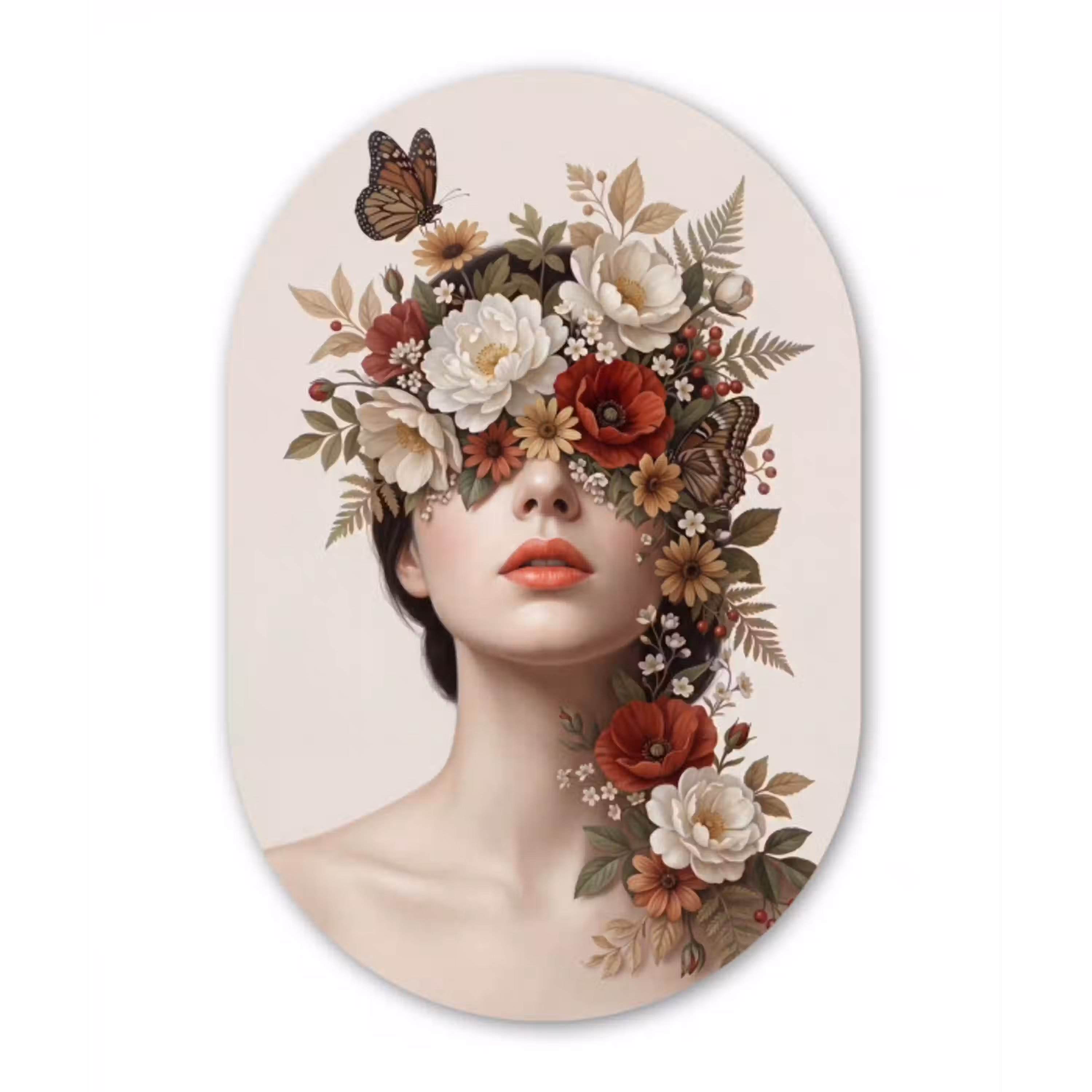 Portret - Bloemen - Cremé Wandcirkel Ovaal Aluminium middel -3d