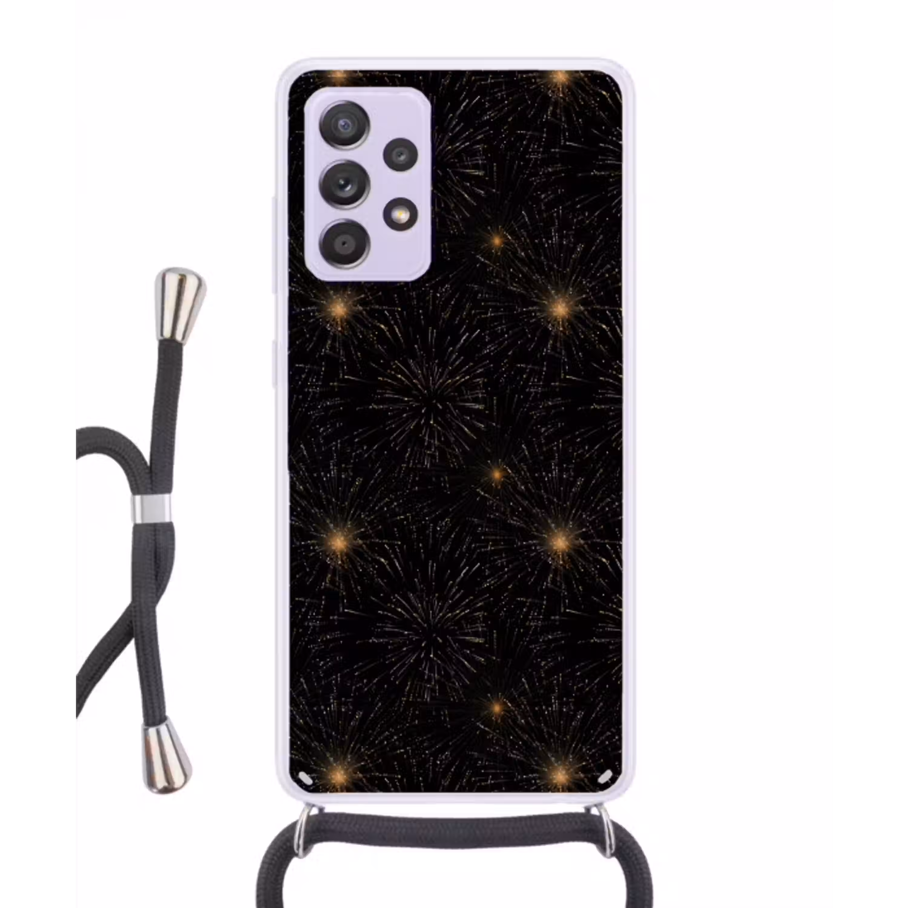 Vuurwerk - Patroon - Feestelijk - Goud - Zwart Hoesje Samsung Galaxy A52 5G met koord klein 816 -3d