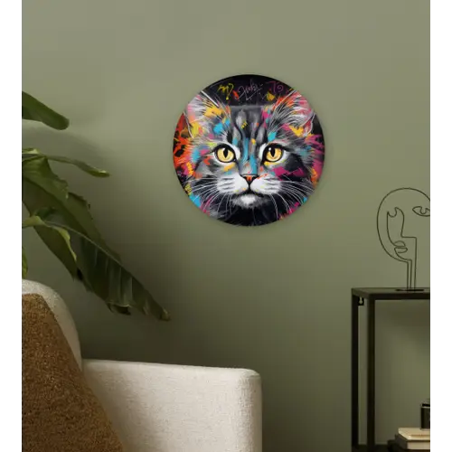 Kat - Graffiti - Dieren - Kleuren - Grijs Wandcirkel kunststof plaat 5mm dik klein -sfeer3