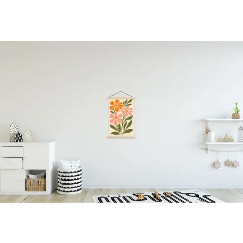 Minimalistisch - Bloemen - Bladeren - Roze textielposter latten blank klein -kinderkamer