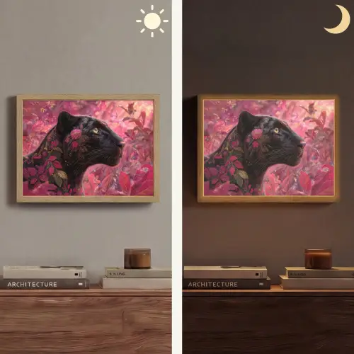 Luipaard - Bloemen - Roze Light Box met batterij (Wandlamp) middel -sfeer3